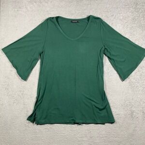 KOJOOIN Bell Sleeve Top Women Medium Green V-Neck Side Slit Rayon Blend